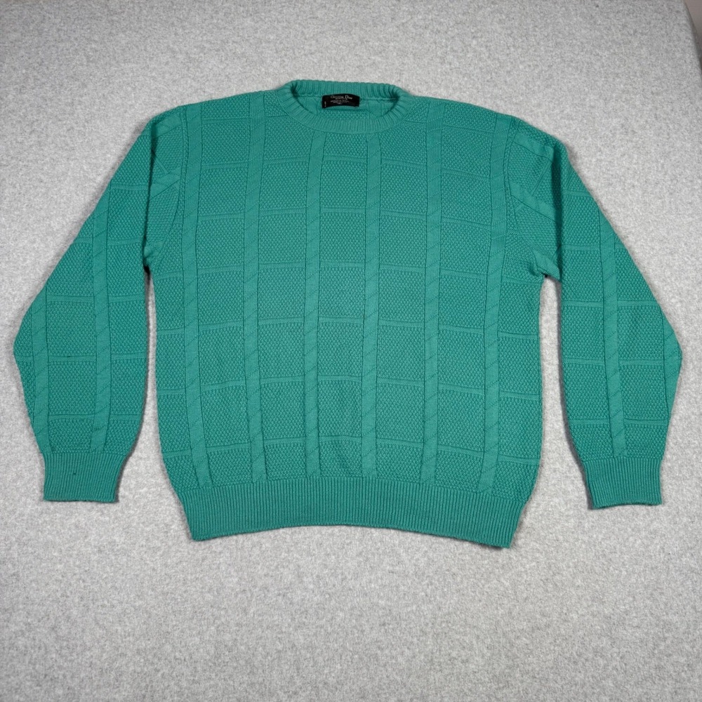 Christian Dior Monsieur Vintage 80s 90s Green Textured Grid Knit Sweater Mens XL